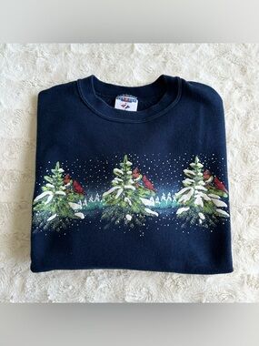 Vintage Bird Crewneck Sweatshirt Womens Small Navy Cardinal Pine Tree Winter 90s